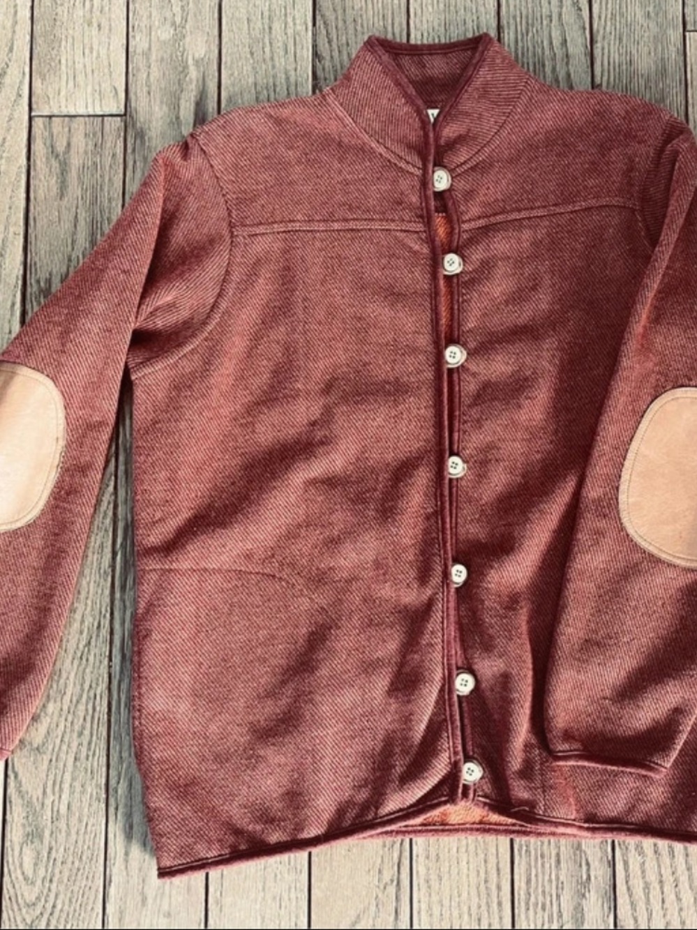 Orvis Womens Medium Rust Orange Fleece Cardigan Sweater Leather Elbow Patches